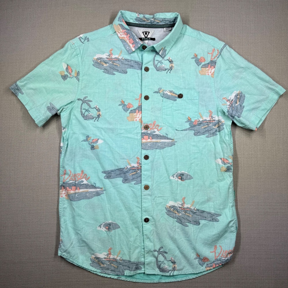 Vissla Mens Waikikooks Aqua Mint Green Tropical Print Button Down Shirt Medium